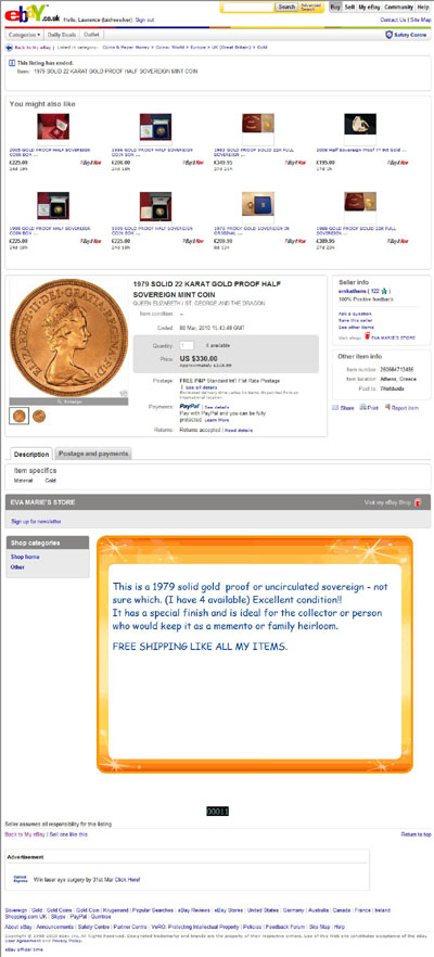 emkathens eBay Listing Using our 1979 Mint Condition Gold Sovereign Photographs